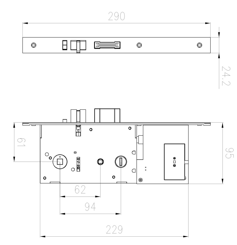 Замок для гостиницы HSU-9905-xx размеры врезного механизма
